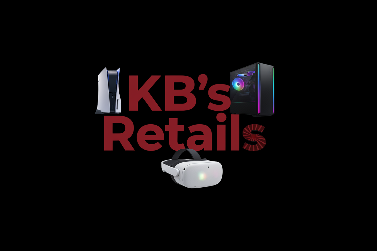 create a logo that's a little red colored and says KB's Retails with black background and has ps5 and pc gaming system and oculus meta quest 3s