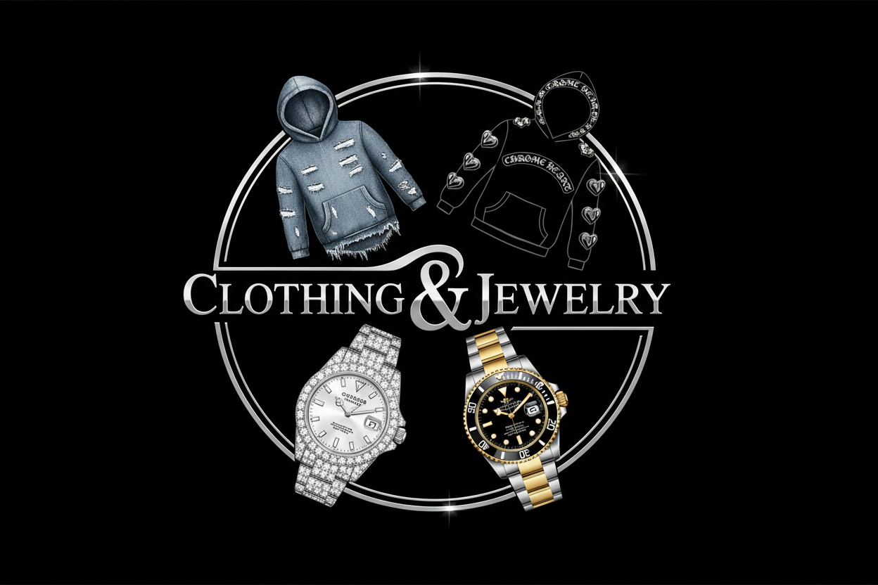 create logo that says Clothing & Jewelry with black background and has denim tear hoodie and chrome heart hoodie and diamond watch and Rolex watch in it