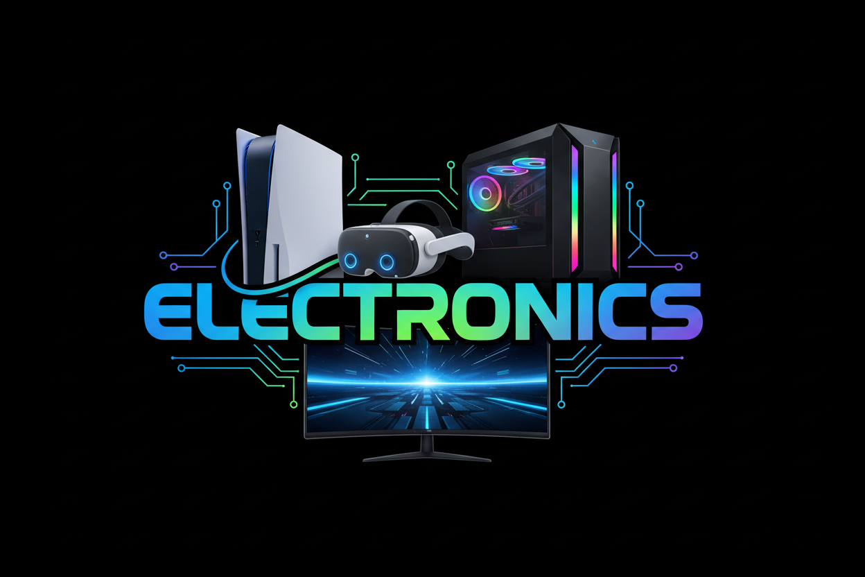 create logo that says Electronics with black background and has ps5 and pc gaming system and oculus meta quest 3s and curved gaming tv