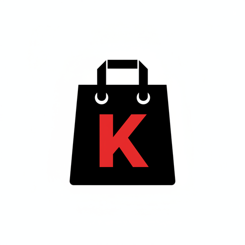 create logo that's exactly like the shopify logo but put a red colored letter K in the middle of the bag and make the bag black